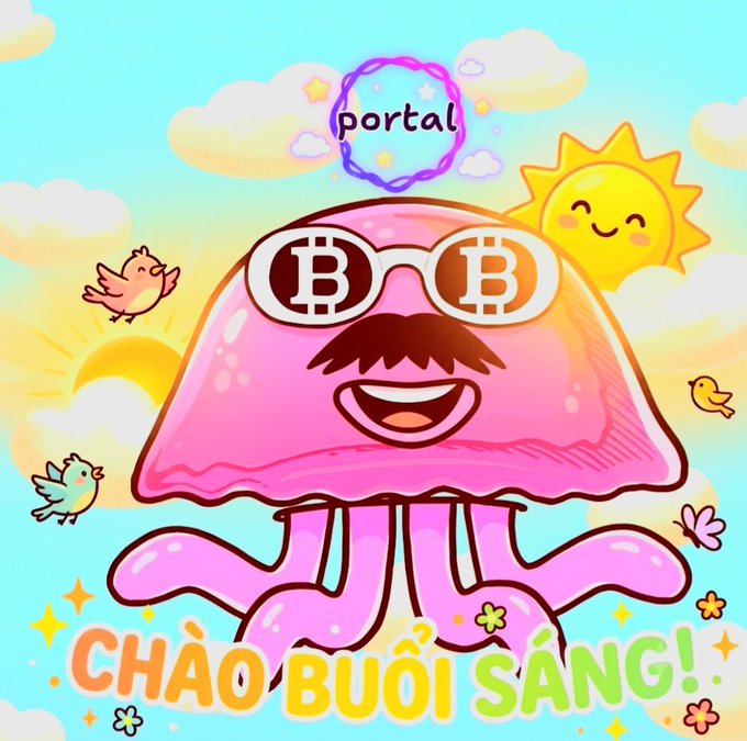 A cute pink jellyfish mascot wearing Bitcoin-logo sunglasses and a mustache, with a 'portal' bubble above and 'CHÀO BUỔI SÁNG!' (Good morning!) text below.