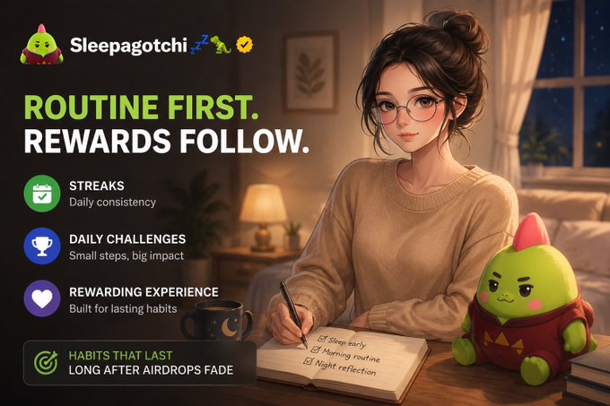A promotional graphic for 'Sleepagotchi' featuring an anime-style woman writing in a notebook next to a green character plush, with the tagline 'ROUTINE FIRST. REWARDS FOLLOW.' and features like 'STREAKS', 'DAILY CHALLENGES', and 'REWARDING EXPERIENCE'.