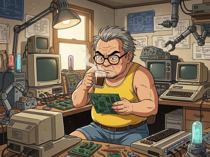 A cartoon depiction of an older man with gray hair and glasses in a cluttered workshop, holding a coffee mug and a circuit board, surrounded by retro computers, monitors, and technical drawings.