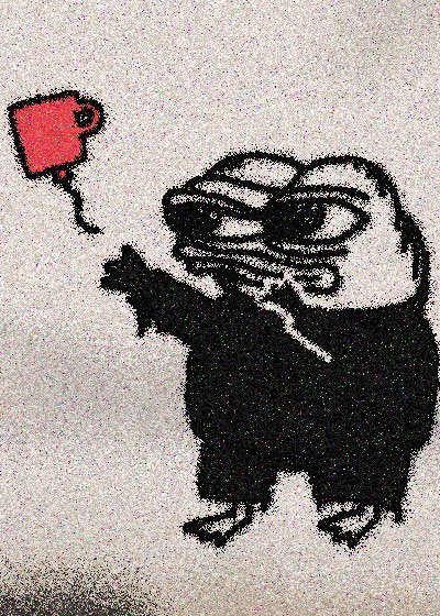 A black-and-white stencil-style artwork of a figure holding a red flag.