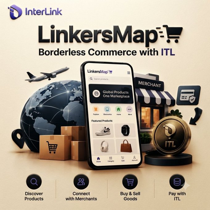A promotional graphic for InterLink's LinkersMap, a borderless commerce platform featuring global products, merchant connections, and ITL payment integration.