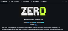 A webpage titled 'ZERO' describing itself as a fortified coding agent with an 'Analyze' button and English language option.