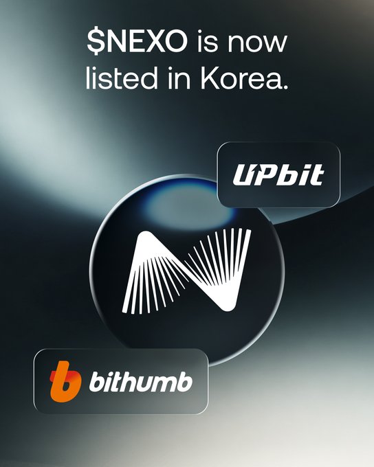 A promotional graphic announces "$NEXO is now listed in Korea," featuring the Nexo logo prominently displayed alongside the Upbit and Bithumb exchange logos. The image visually celebrates the token's official dual listing on two of South Korea's major cryptocurrency exchanges.