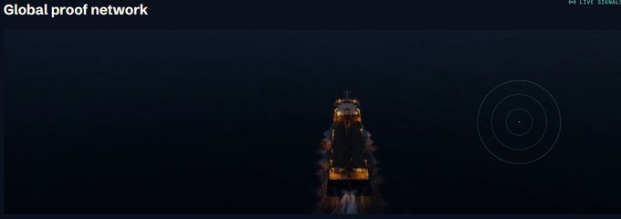 A dark surveillance view titled "Global proof network" showing a cargo ship traveling on the ocean, with a live signal indicator in the corner.