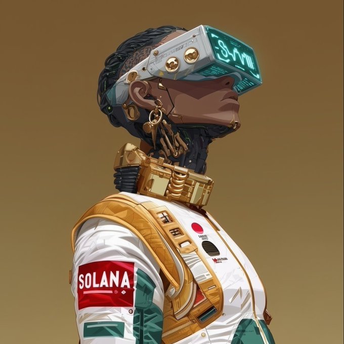 A detailed digital illustration shows a futuristic Black man wearing a VR-style visor, gold mechanical neck piece, and a white jacket branded with a red 'SOLANA' logo patch.