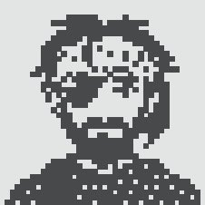 A pixel art black and white icon depicting a character with glasses and a beard.