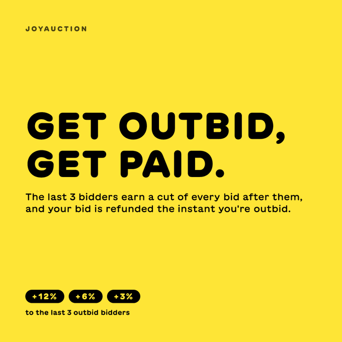 A yellow promotional poster for 'JOYAUCTION' with bold text 'GET OUTBID, GET PAID,' explaining that the last 3 bidders earn percentages (+12%, +6%, +3%) of subsequent bids.