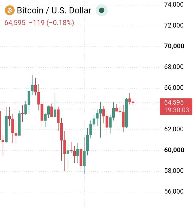 A Bitcoin/U.S. Dollar price chart showing BTC at $64,595, down -119 (-0.18%), with a candlestick chart ranging between approximately $56,000 and $74,000.