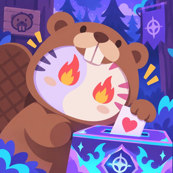 A cartoon illustration of a brown bear-like creature in a bear hooded outfit, placing a card with a red heart into a glowing purple and blue magical box in a forest setting.