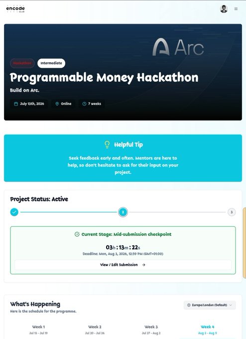 A hackathon dashboard from encode showing 'Arc Programmable Money Hackathon' with status 'Active', current stage 'Mid-submission checkpoint', countdown '03h:13m:22s', and a weekly schedule.