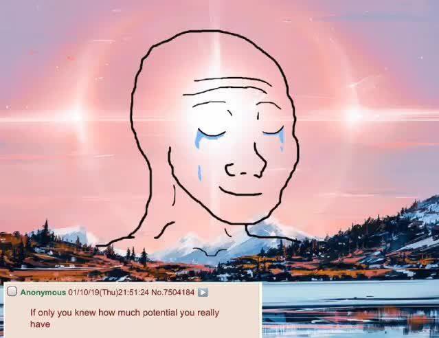 The image features an illustration of a sad-looking man with tears streaming down his face. The background depicts a mountain range under a pink sky, creating a dramatic atmosphere. Below the image, there's text that reads "Focus on what is in the image and how it relates to the post". This suggests that the image might be related to a discussion or analysis of the coin being listed on the Binance US account, possibly discussing its potential value or market sentiment.