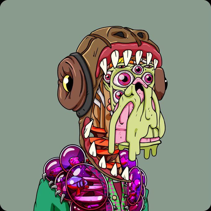 A stylized cartoon illustration of a grotesque character with multiple eyes, sharp teeth, green drool, and wearing headphones with a purple beaded necklace against a gray background.