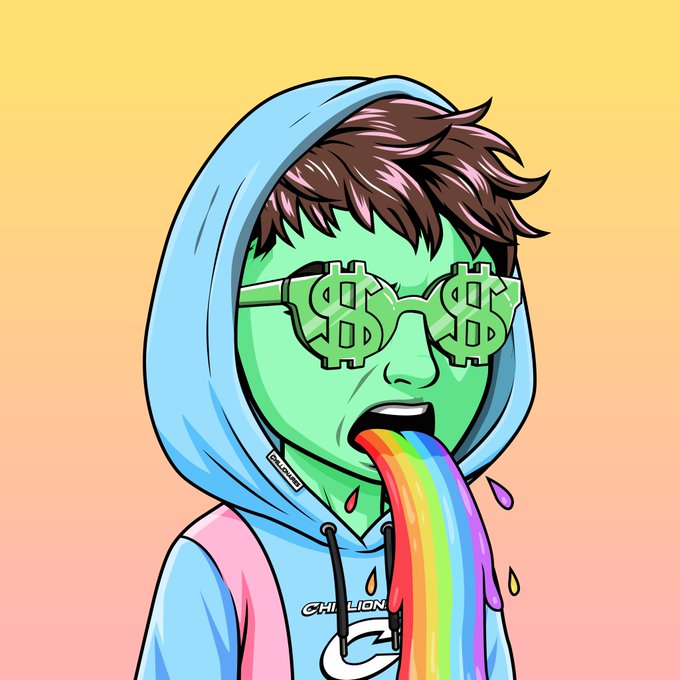 A digital illustration of a green-skinned character wearing a light blue hoodie and 'CHILLION' text, sporting dollar sign glasses and having a rainbow tongue hanging out.