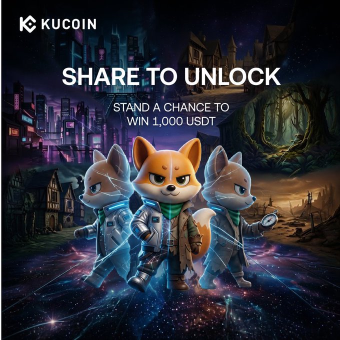 The promotional image from KuCoin features three anthropomorphic fox characters—one in futuristic sci-fi armor, one in a worn adventurer's coat, and one in a ghostly translucent form holding a compass—standing against a split background of a neon cyberpunk city and a dark fantasy forest. Bold text reads "KUCOIN SHARE TO UNLOCK — STAND A CHANCE TO WIN 1,000 USDT," tying the "multiverse of possibilities" concept to the social media lucky draw campaign encouraging users to share their KuKu badges on X.