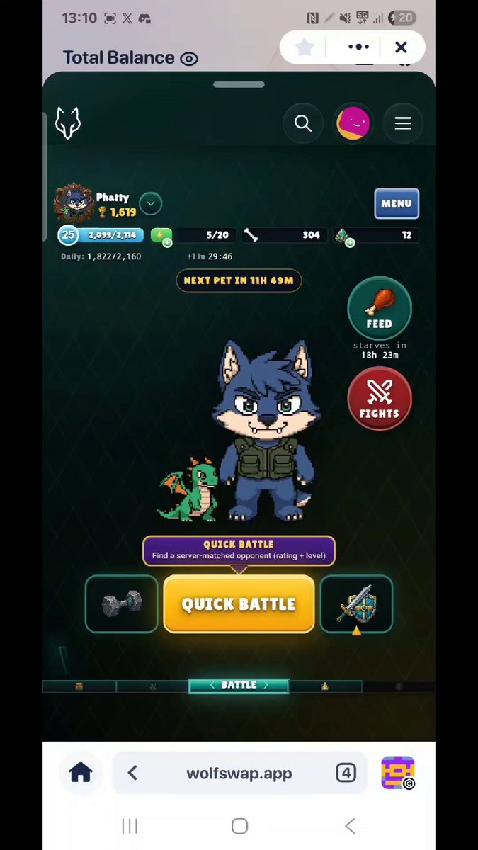 The image shows a cell phone screen displaying an app called "Wolfswap" with a game interface featuring a character, a dragon, and various items such as a sword and a shield. The text on the screen reads "Quick battle", indicating that the user is about to engage in a virtual duel using these items. The post also mentions that the user has been able to check out the new DUNGEON battles for the game Wolfswap.