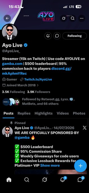 A mobile screenshot shows the Twitter/X profile of 'Ayo Live' (@AyoLive_), a streamer sponsored by gamba.com, featuring a pinned post announcing the sponsorship with details like '$500 Leaderboard' and '95% Commission Share'.