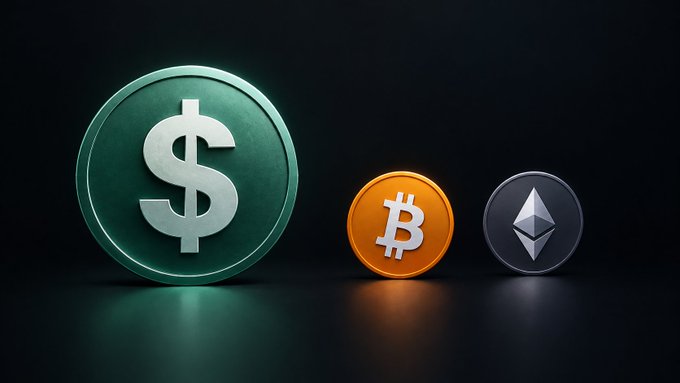 A 3D rendering shows a large green US Dollar coin alongside smaller orange Bitcoin and silver Ethereum coins against a dark background.