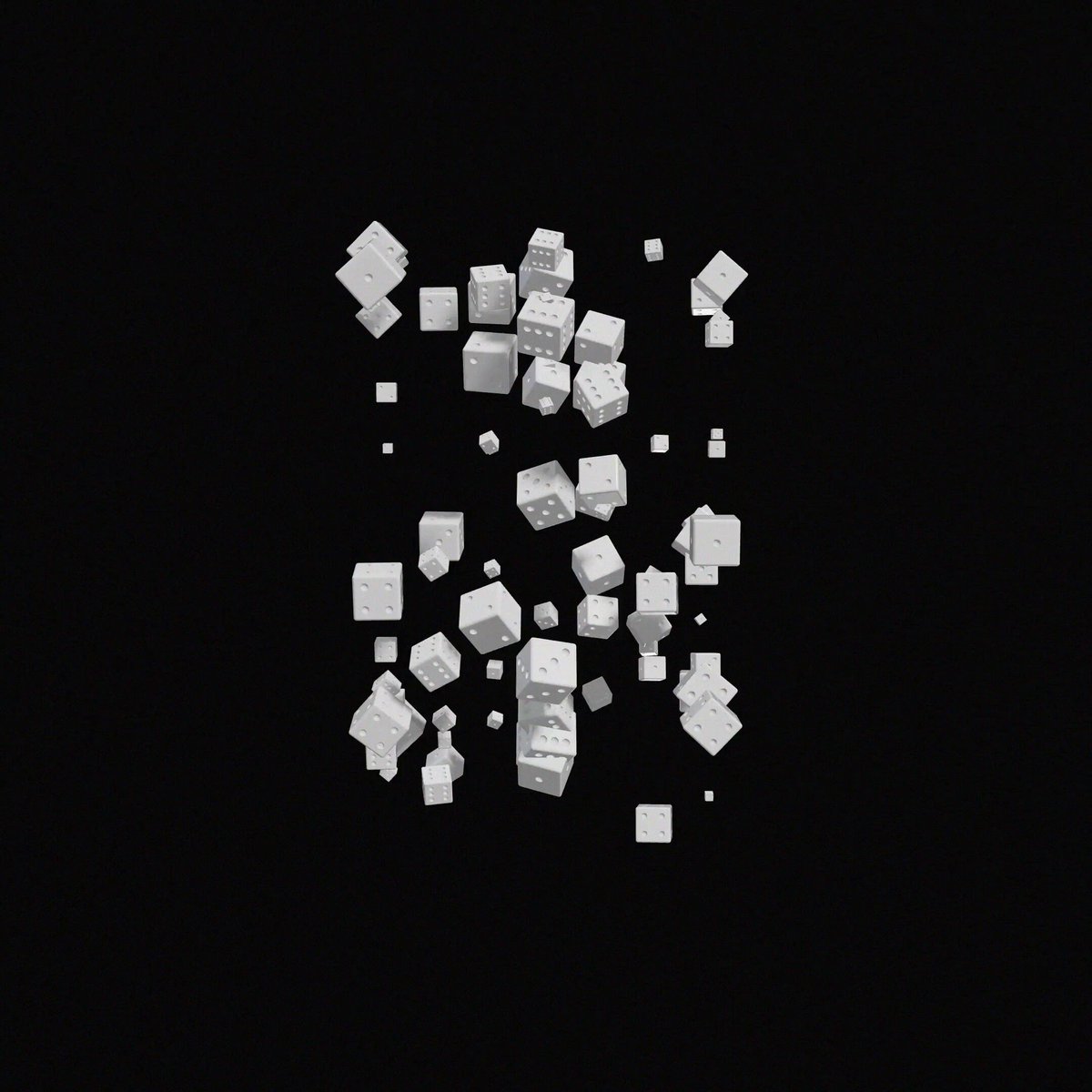 urn of white cubes scattered against a black background, creating an abstract pattern.