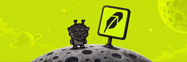 Pixel art of a small dark robot-like character standing on a gray moon next to a yellow sign with a leaf logo, set against a lime green cosmic background.
