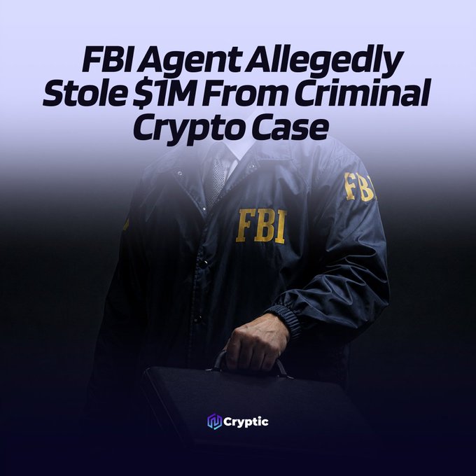 An FBI agent is depicted in this image, which visually represents the news of an FBI agent allegedly stealing $1M from a criminal crypto case, as stated in the accompanying text. The "FBI" text on the jacket and the briefcase suggest an investigative context.