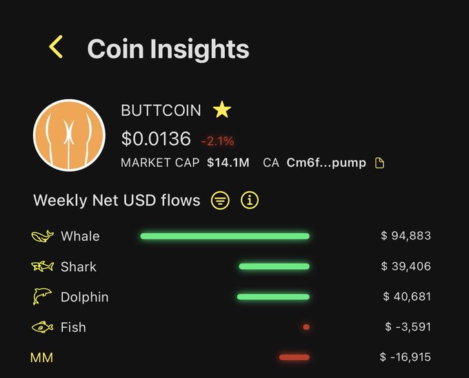 The image shows a "Coin Insights" dashboard for BUTTCOIN ($BUTTCOIN), displaying a price of $0.0136 with a 2.1% decline and a market cap of $14.1M. The Weekly Net USD flows section reveals strong bullish activity from larger holders, with Whales adding $94,883, Sharks adding $39,406, and Dolphins adding $40,681, while only retail Fish (-$3,591) and Market Makers (-$16,915) showed net outflows—supporting the post's claim that whales are aggressively bidding the token with nearly $100K in inflows.