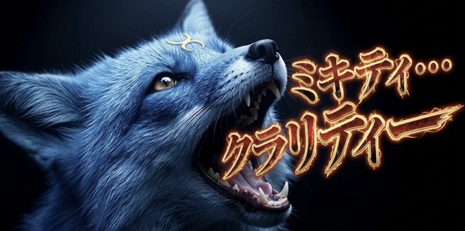 A snarling wolf with glowing golden Japanese-style text reading "ミキティ… クラリティー" (Mickety... Clarity) illustrates the post's plea to "hurry and pass the CLARITY Act," with the wolf's fierce expression emphasizing the urgency of the request.