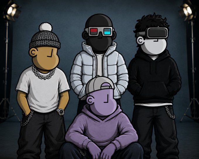 Four stylized cartoon NPC characters pose together in a studio setting with lighting rigs in the background, matching the post's "NPCsGOOOOOHARD" hype. The group includes figures wearing a beanie, a puffy jacket with 3D glasses, a VR headset, and a backwards cap, embodying the meme-inspired NPC aesthetic referenced by @npconchain.