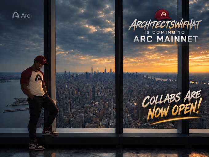A promotional poster announcing "ARCHITECTSWIFIHAT IS COMING TO ARC MAINNET" with "COLLABS ARE NOW OPEN!" featuring a person leaning by a window overlooking a city skyline at sunset.