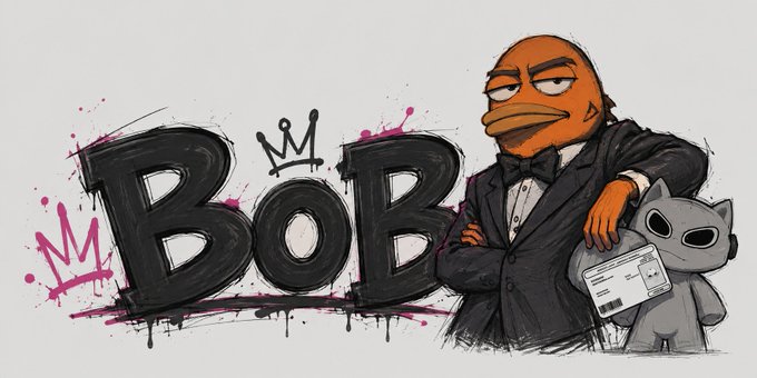 A stylized graffiti-style illustration featuring the name 'BoB' in bold black letters, accompanied by a character in a tuxedo and a small gray robot holding what appears to be an ID card.