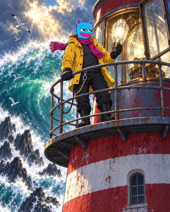 An AI-generated illustration of a blue bear-like character with a pink scarf and yellow raincoat standing on a red and white lighthouse platform, holding a glowing lightbulb against a dramatic seascape with crashing waves.