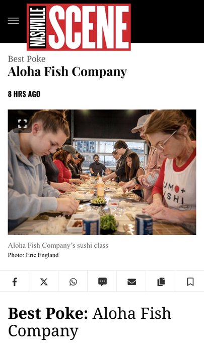 A screenshot from Nashville Scene's website featuring an article titled 'Best Poke: Aloha Fish Company' with a photo captioned 'Aloha Fish Company's sushi class, Photo: Eric England' showing people making sushi around a table.
