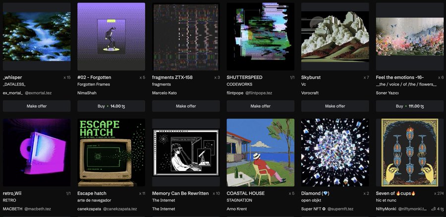 A grid of digital art NFT listings on a marketplace, featuring works titled '_whisper', '#02 - Forgotten', 'fragments ZTX-168', 'SHUTTERSPEED', 'Skyburst', 'Feel the emotions -16-', 'retro_Wii', 'Escape hatch', 'Memory Can Be Rewritten', 'COASTAL HOUSE', 'Diamond', and 'Seven of cups', with prices like 14.00 t$ and 111.00 t$.