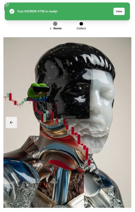 An NFT artwork displayed on a marketplace interface showing 'Your R3ORDR #798 is ready!' with a digital art piece featuring a half-black, half-white humanoid figure with a small green character and a red trading chart overlaying it.