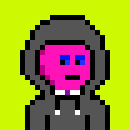 A pixel art character with a pink face, blue eyes, and a black hooded robe stands against a bright lime green background.