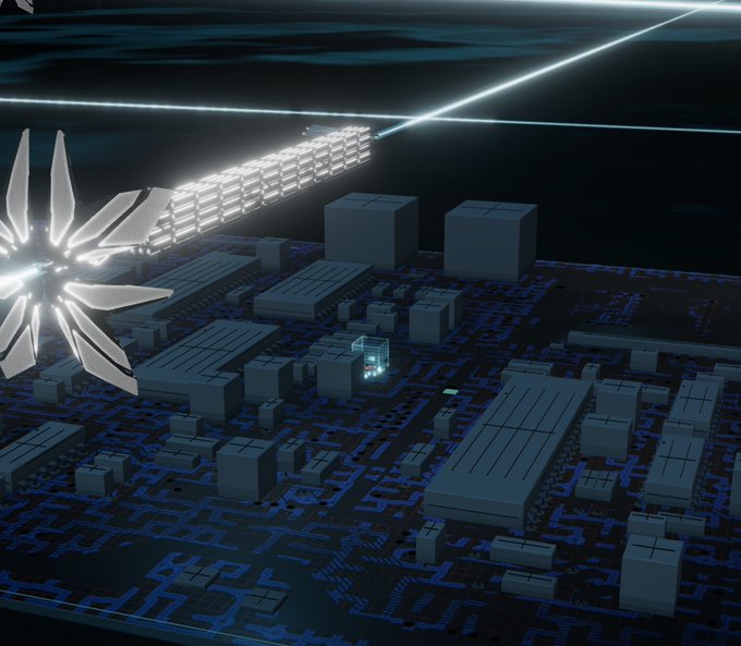 Digital rendering of a satellite or space-based structure emitting light beams over a dark blue, city-like technological landscape.