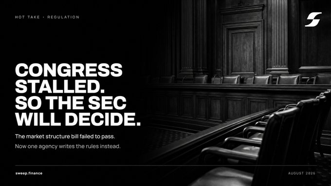 The image features a dark, empty congressional chamber with the headline "CONGRESS STALLED. SO THE SEC WILL DECIDE," published by sweep.finance in August 2026 under the "HOT TAKE • REGULATION" category. It visually reinforces the post's message about congressional inaction on crypto market structure legislation leaving the SEC to single-handedly shape the industry's regulatory future.
