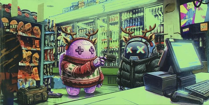 The image features two cartoon characters dressed in warm clothing standing at a store counter with a computer monitor behind them. The characters are wearing fur coats and have antlers, giving them a festive appearance. There are also several bottles displayed around the scene, possibly related to the products available for sale at the store.