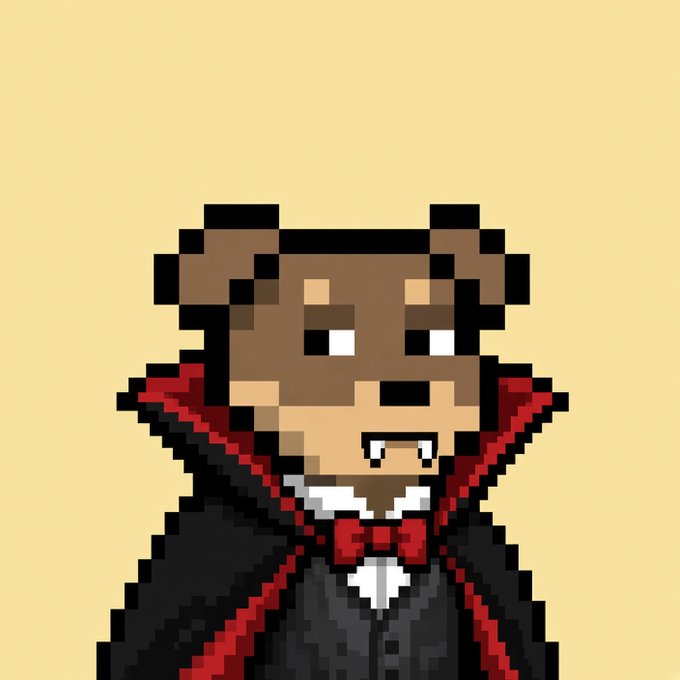 A pixel art portrait of a brown bear character wearing a red-lined black coat, white collar, and red bow tie against a tan background.