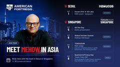 A promotional image for 'Meet Mehow in Asia,' a partnership event featuring an older bald man with glasses against a Singapore skyline, listing locations and dates including Kuala Lumpur, Singapore, Jakarta, and Bangkok, powered by American Fortified.