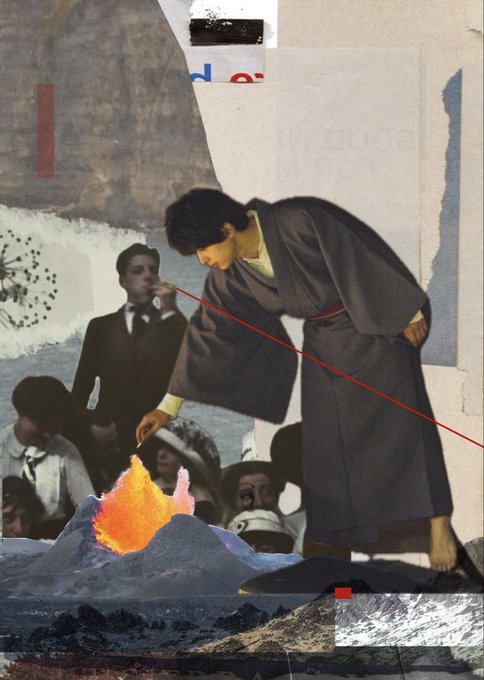 The image features a collage of various elements, including a man dressed in a robe or kimono standing next to a mountain with a fire burning at its base. The background includes other people present as well. The caption for this image reads "GM | Borrowing Fire | Some people survive quietly. Not by escaping the disaster - but by learning how to light their small habits from it."