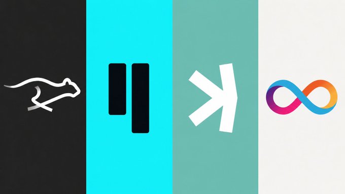 The image displays four logos side by side representing Layer 1 blockchain projects: a stylized badger-like figure on black ($KTA/Kadena), a pause symbol on teal ($QUBIC), a "K" symbol on green ($KAS/Kaspa), and a colorful infinity loop on white ($ICP/Internet Computer)—visually corresponding to the four cryptocurrencies being compared in the post asking Grok to rank their technology.