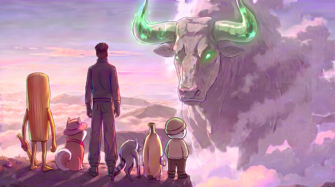 A group of characters and their animal companions—a human, dog, cat, and two other figures—stand together on a cliffside, gazing up at a massive, ethereal purple bison with glowing green horns emerging from the clouds. The image reflects the "Herd together strong" message by symbolizing unity, strength, and resilience through the powerful, shared presence of the legendary beast protecting its gathered herd.