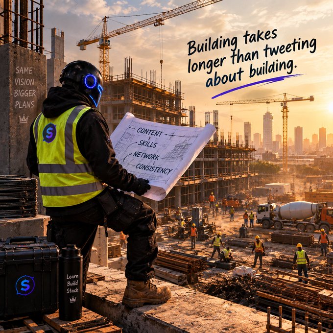 A motivational graphic shows a construction worker at a building site holding a blueprint listing 'CONTENT, SKILLS, NETWORK, CONSISTENCY' with the text 'Building takes longer than tweeting about building' and the phrase 'SAME VISION BIGGER PLANS'.