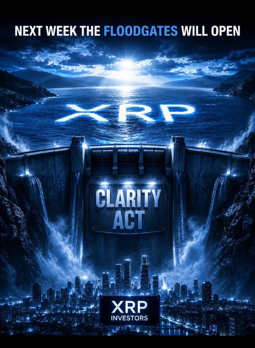 A promotional graphic featuring a dramatic dam scene with text 'NEXT WEEK THE FLOODGATES WILL OPEN,' displaying 'XRP' glowing on water, 'CLARITY ACT' on the dam, and 'XRP INVESTORS' branding below.