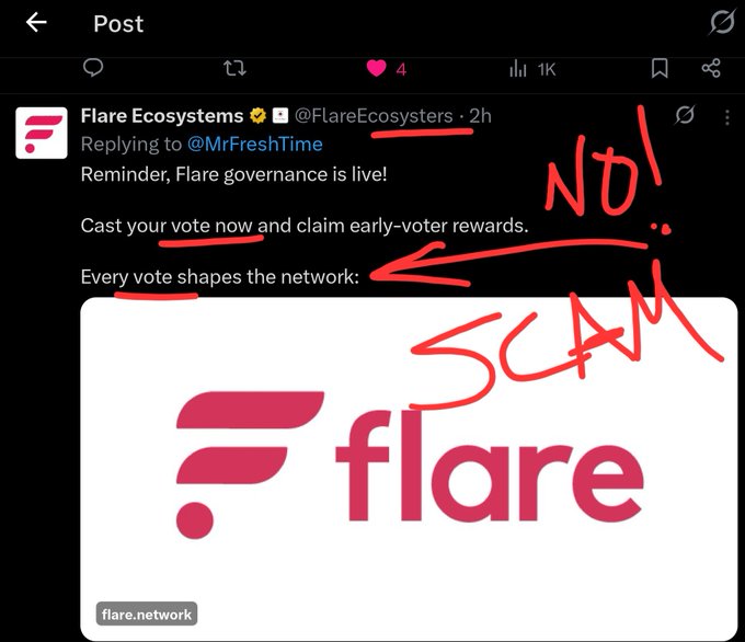 The main focus of this image is a screenshot of a Twitter post featuring a pink and white logo for the app Flare, along with some text discussing account notifications about early-vote rewards or account recovery after a vote has been cast. The post also includes a link to another source of information regarding account recovery and mentions an email address for reporting suspicious activities on the account.