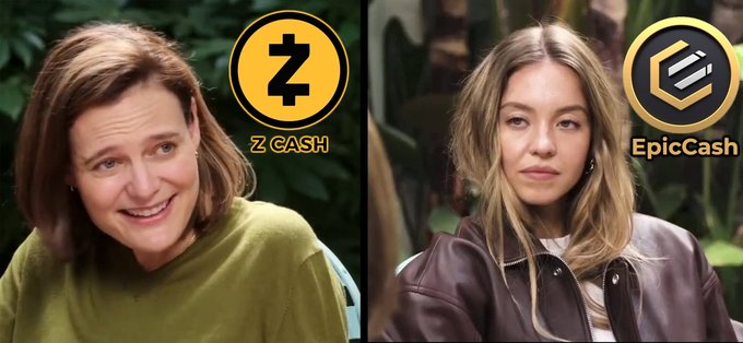 A side-by-side image showing two people: a man in an olive shirt with the Z CASH logo (featuring a 'Z' symbol) and a woman in a brown leather jacket with the EpicCash logo.