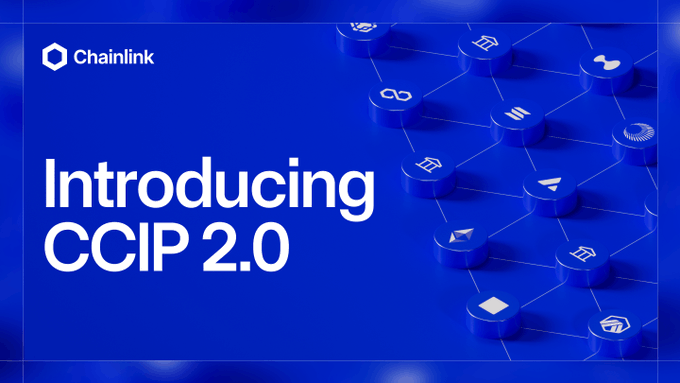A Chainlink promotional graphic featuring the text "Introducing CCIP 2.0" alongside a visual of interconnected blockchain nodes with various crypto icons, highlighting the launch of the upgraded Cross-Chain Interoperability Protocol for institutional cross-chain token transfers.
