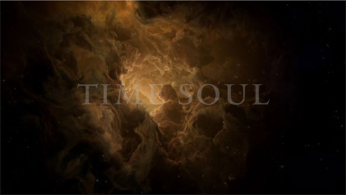 An abstract image showing swirling orange and golden smoke-like patterns against a dark starry background with the text "TIME SOUL" in the center.