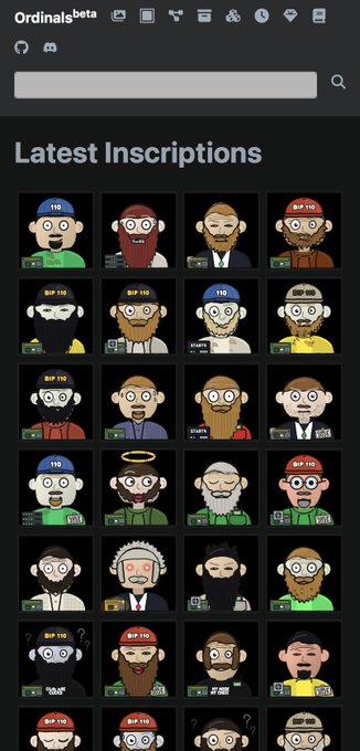 The image shows the Ordinals website displaying a "Latest Inscriptions" gallery filled with various pixel-art "Knot Head" NFT characters in different styles, hats, and accessories. The accompanying post highlights how KNOT HEADS are actively minting these Ordinals, with the nearly full grid of unique characters visually demonstrating the strong minting activity mentioned in the caption.