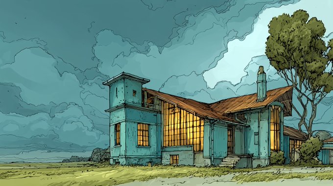 Illustrated scene of an old, weathered blue farmhouse with a tall tower and warm glowing windows at dusk.